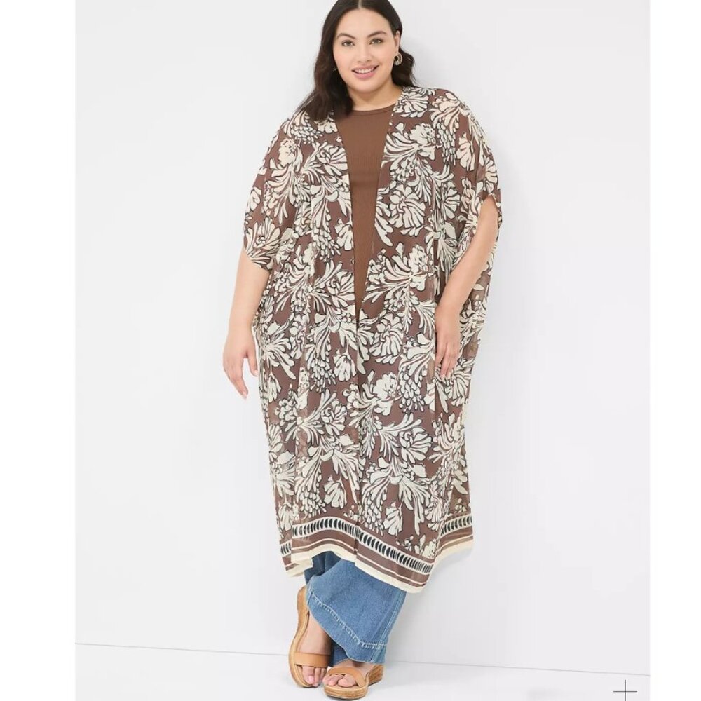 725-16 Lane Bryant Long Open Brown/White Kimono Duster – One size Fits all